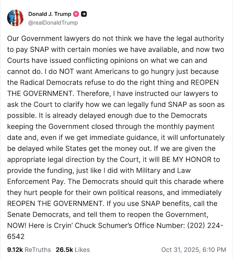 Trump's Truth Social post about SNAP benefits.