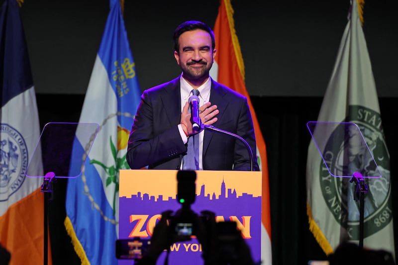 Zohran Mamdani celebrates during an election night event at the Brooklyn Paramount Theater in Brooklyn, New York on November 4, 2025.