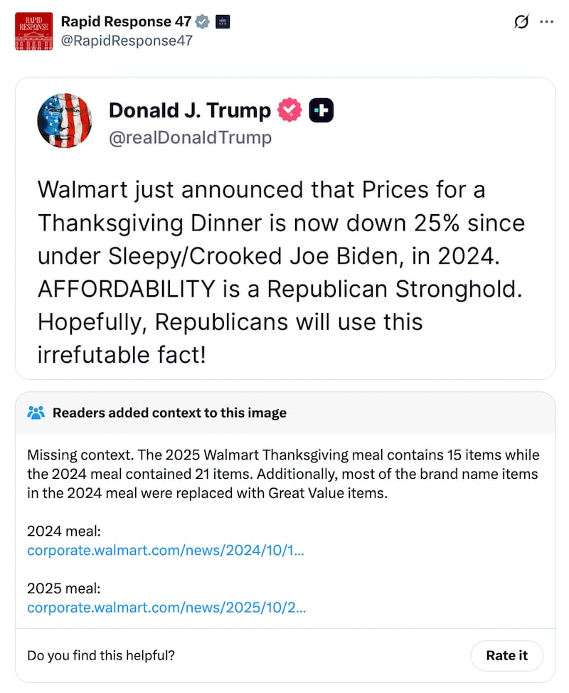 X readers slapped Trump with a community note over his misleading Thanksgiving Dinner claims.