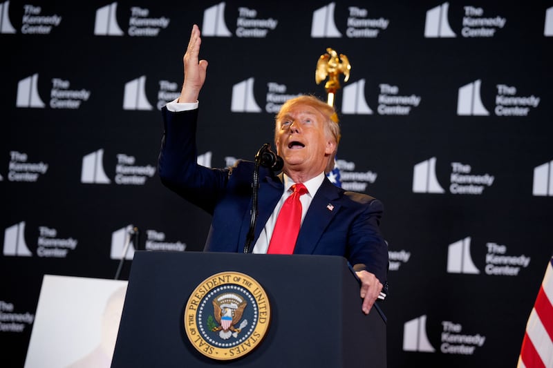 President Donald Trump gestures while speaking at an event at the Kennedy Center on August 13, 2025 in Washington, DC.