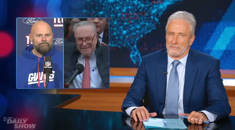 The Daily Show, Jon Stewart comparing Chuck Schumer to fired Giants coach.