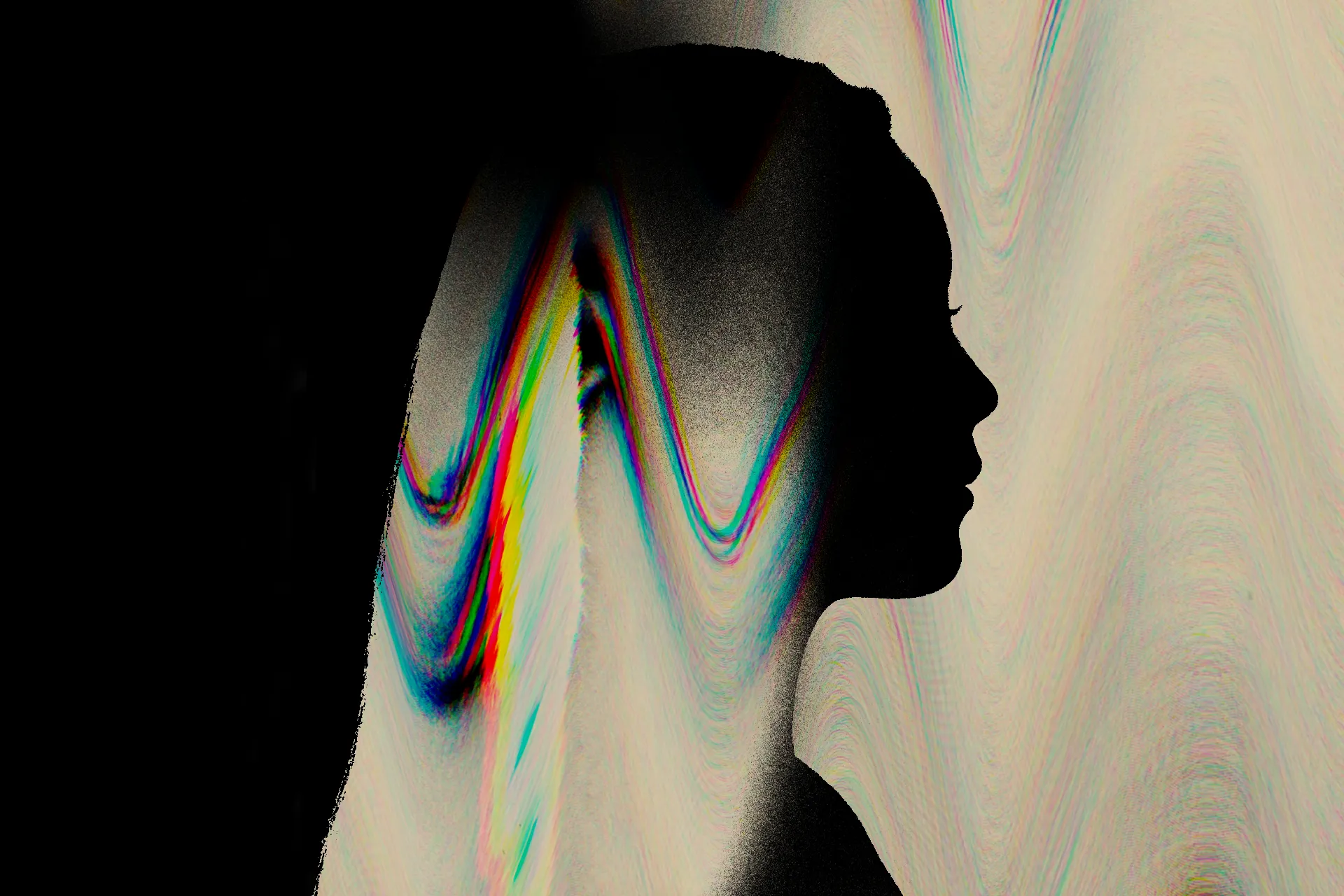 A dark, high-contrast image showing the black silhouette of a woman’s head and shoulders in profile against a distorted, wavelike background of rainbow and beige tones. The colorful waves appear to ripple through the figure, giving the composition a surreal, dreamlike quality.