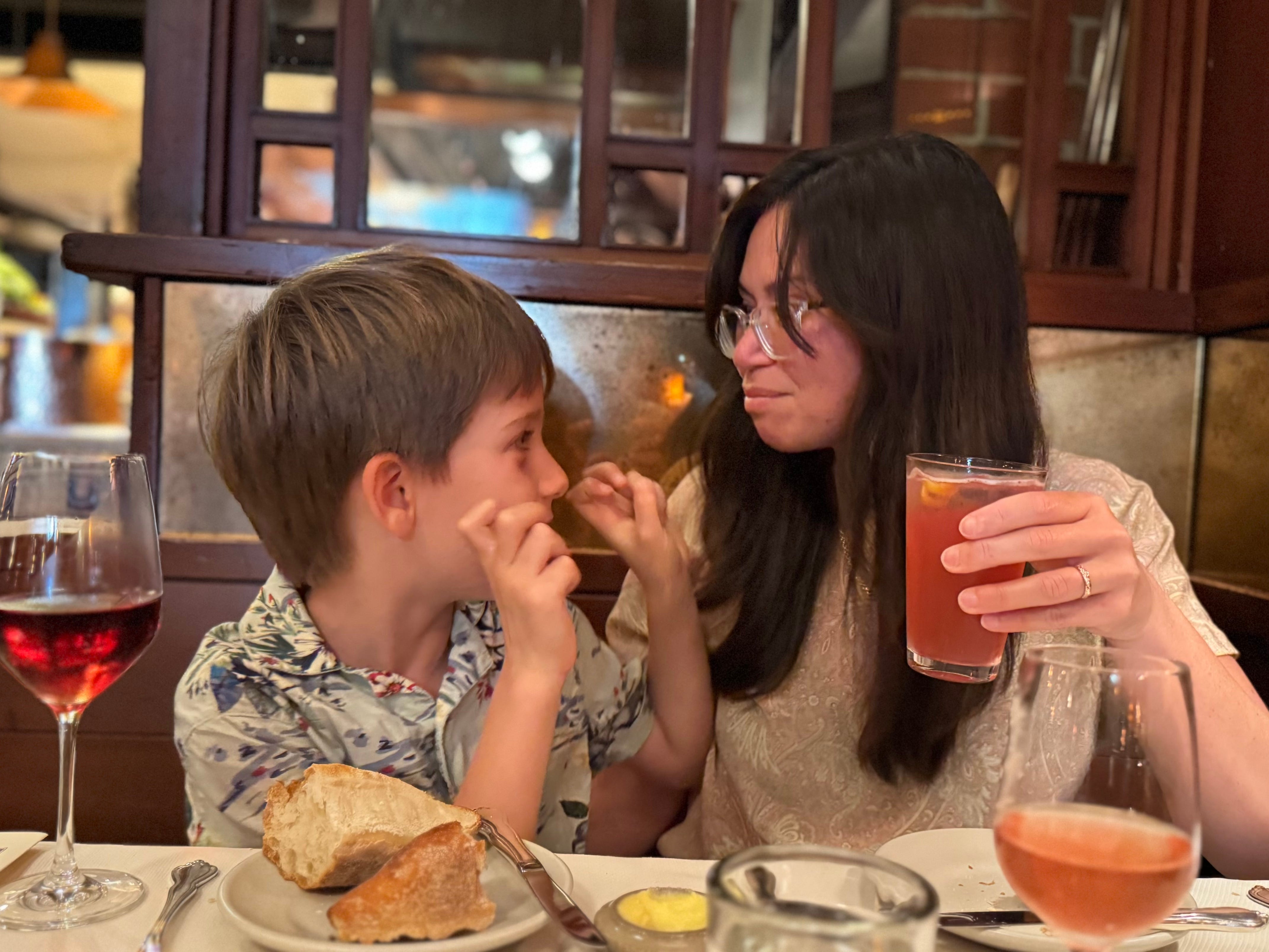 Mom and son at restaurant