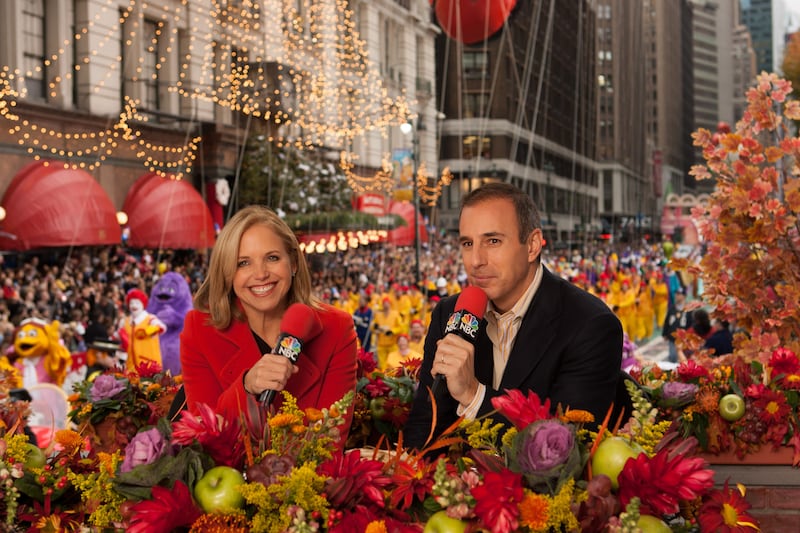 Katie Couric and Matt Lauer host the 2004 Macy's Thanksgiving Day Parade live broadcast.