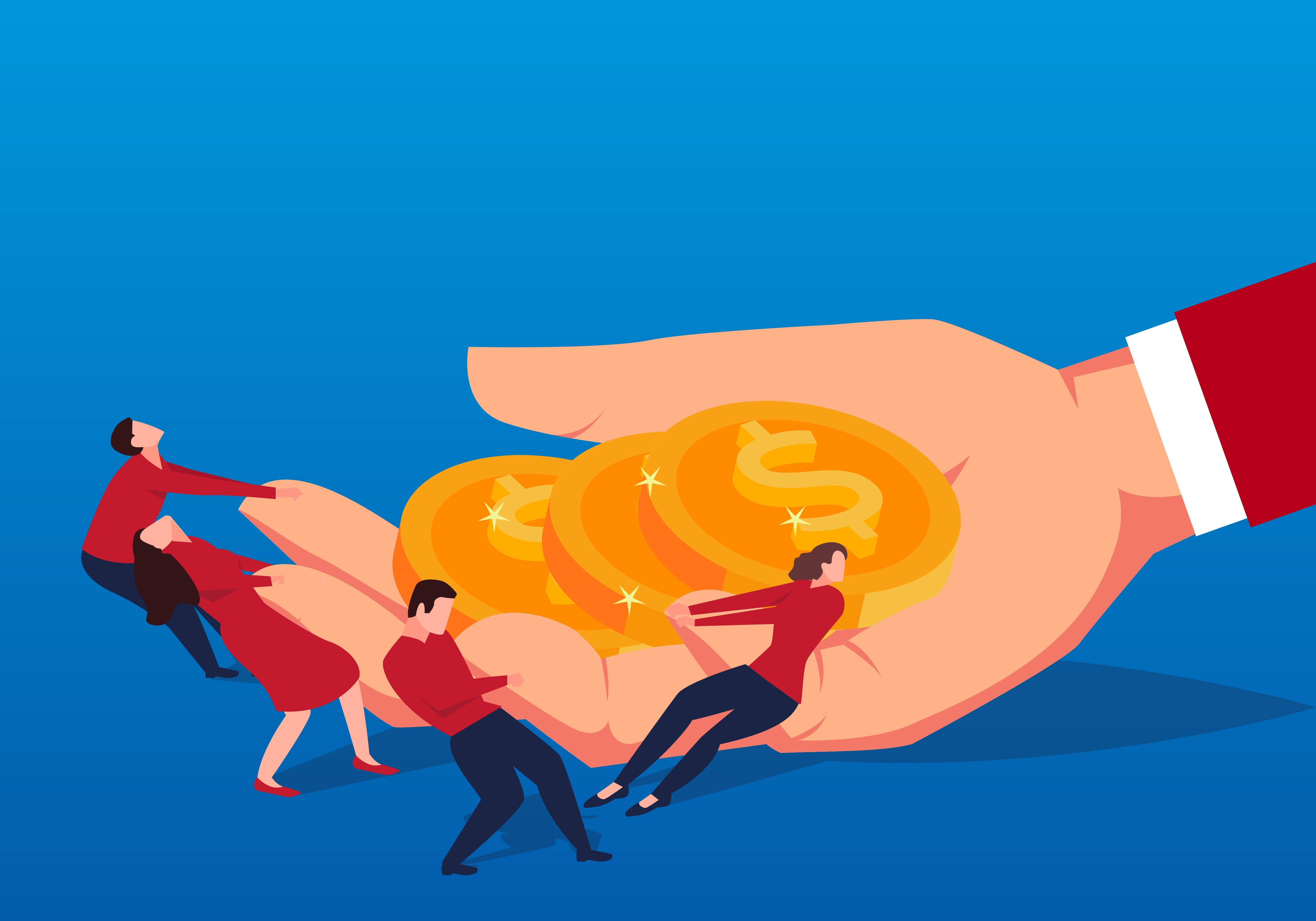 An illustration of a large hand holding coins and tiny people fighting over the money around it.