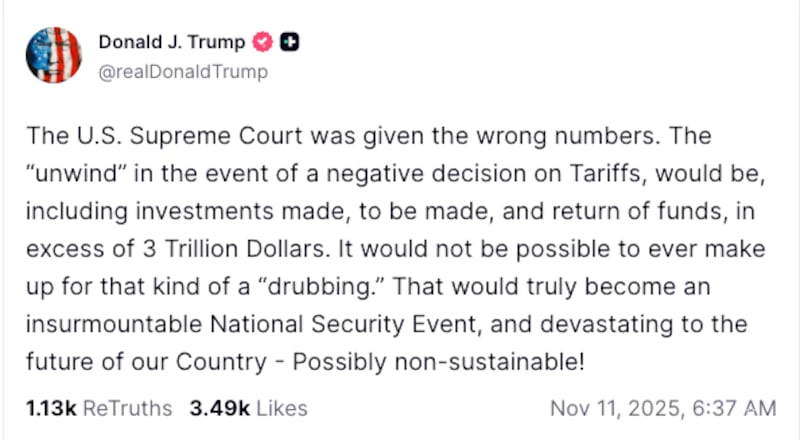 A screen grab of President Trump's Truth Social post.