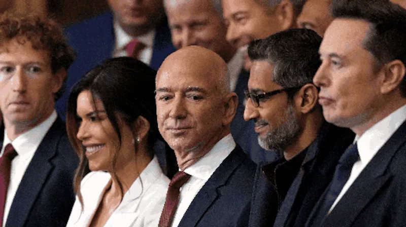 Mark Zuckerberg, Lauren Sanchez, Jeff Bezos, Sundar Pichai and Elon Musk at Trump's second inauguration.