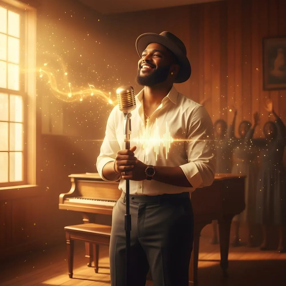 Illustration of gospel singer Solomon Ray singing into a microphone with glowing musical notes and sound waves, with a piano and background singers.