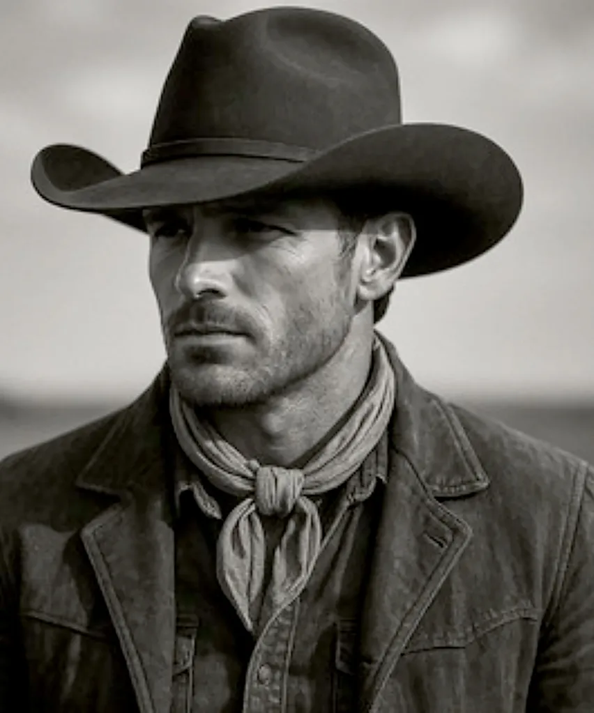 Portrait of the AI country singer Breaking Rust wearing a cowboy hat and bandana.