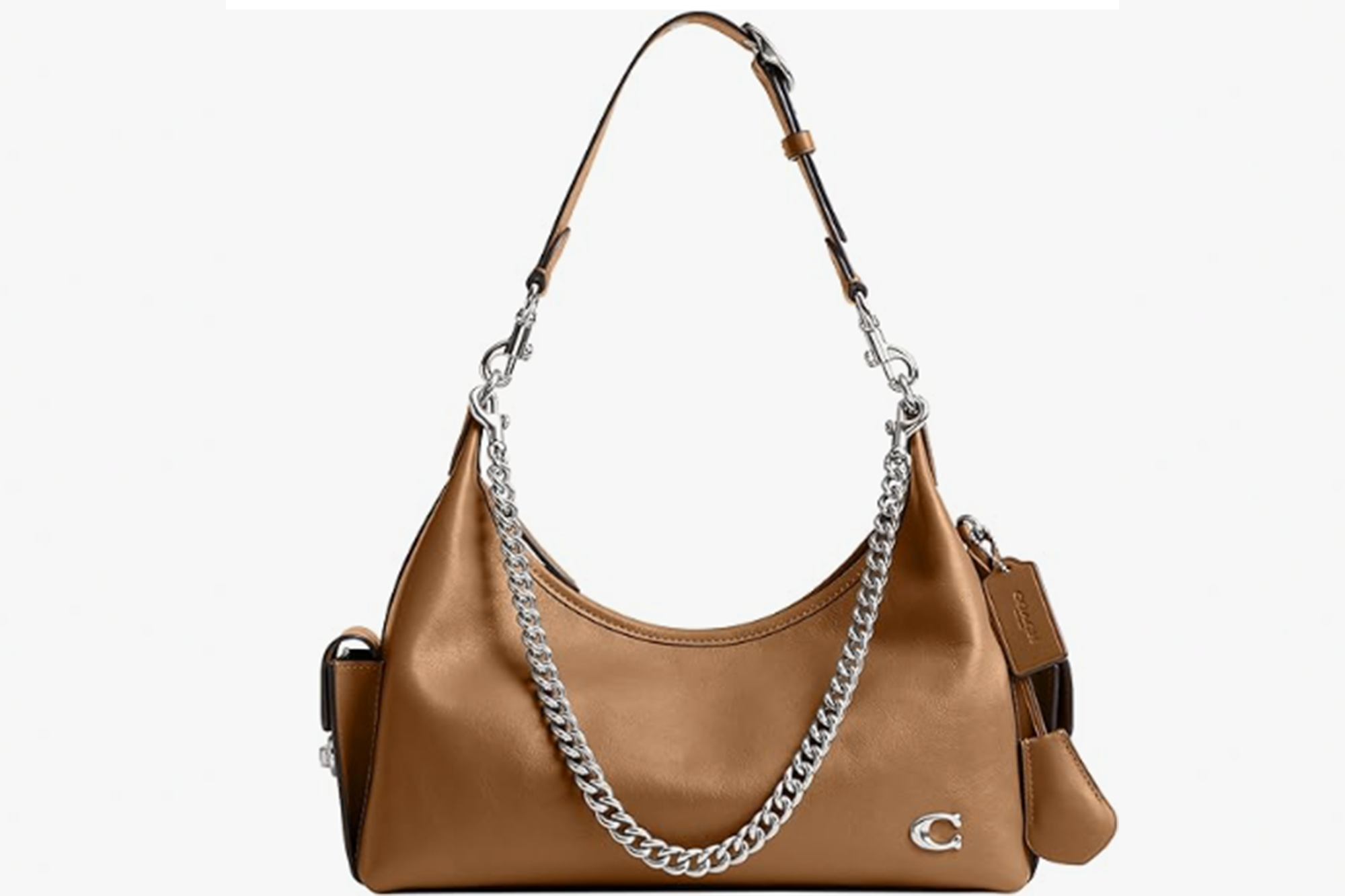 Brown leather shoulder bag with a silver chain and hardware.