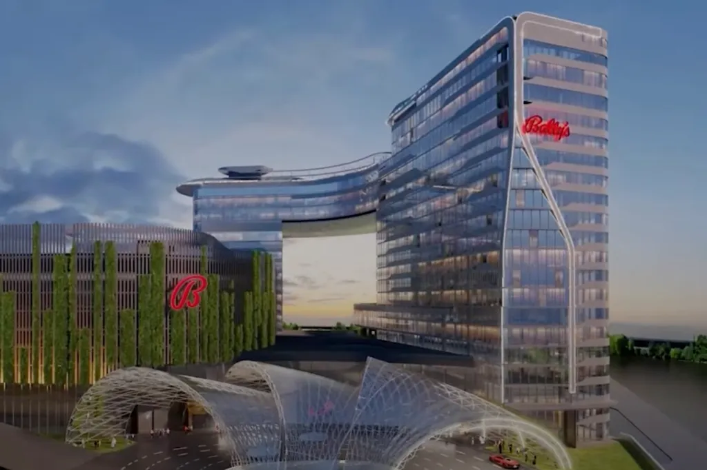 Illustration of Bally's proposed casino in Bronx, featuring a large glass building with a skybridge and a green-walled parking structure.