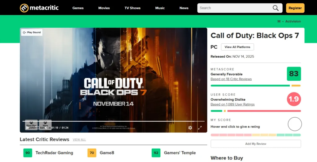 Call of Duty Black Ops 7 Metacritic TRating