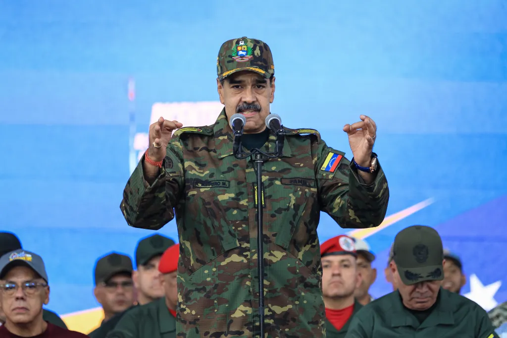 Venezuelan President Nicolás Maduro speaking at a military ceremony.