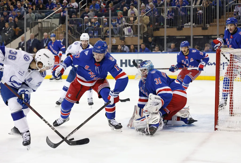 New York Rangers goaltender Igor Shesterkin (31) defends the net against Tampa Bay Lightning left wing Brandon Hagel (38) during the second period when the New York Rangers played the Tampa Bay Lightning Saturday, November 29, 2025 at Madison Square Garden in Manhattan, NY. 