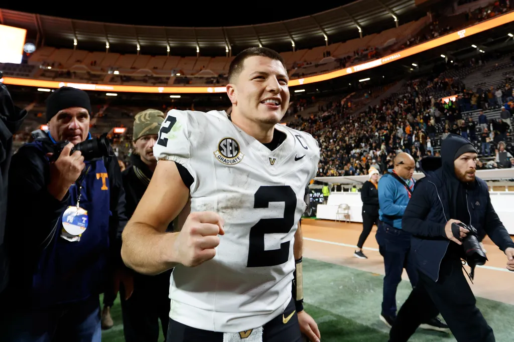 Diego Pavia runs off the field after defeating Tennessee at Neyland Stadium.