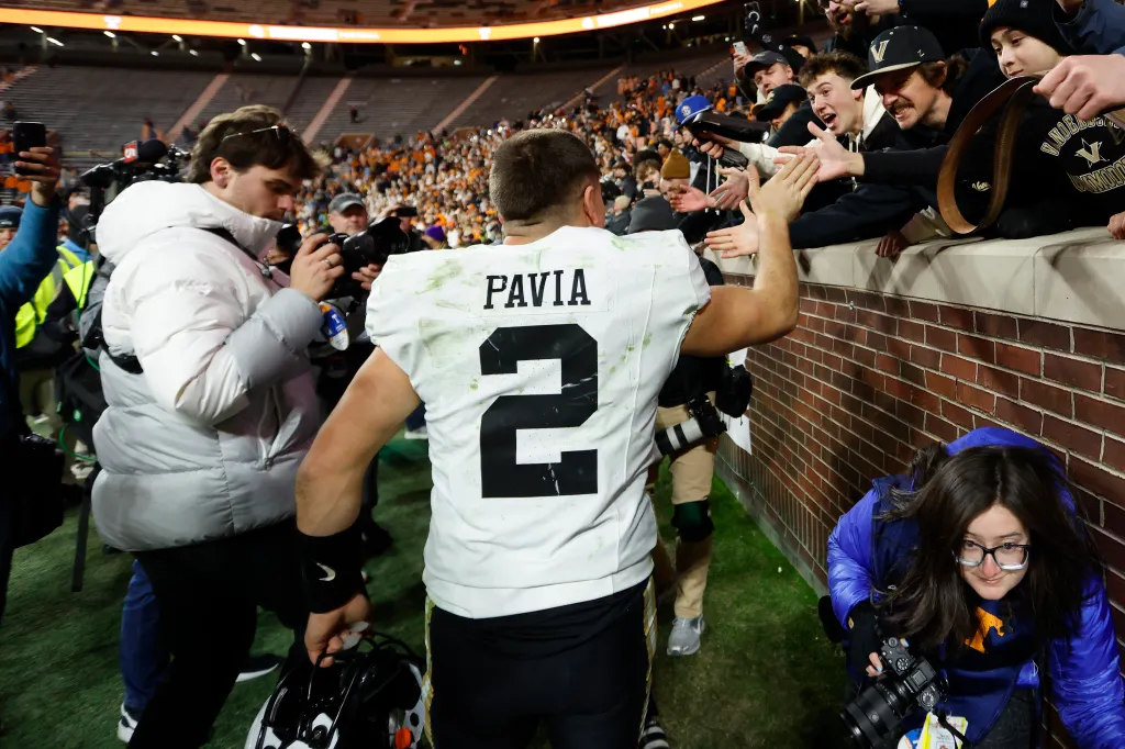 Diego Pavia celebrates with fans after defeating the Tennessee Volunteers in Knoxville on Nov. 29, 2025.