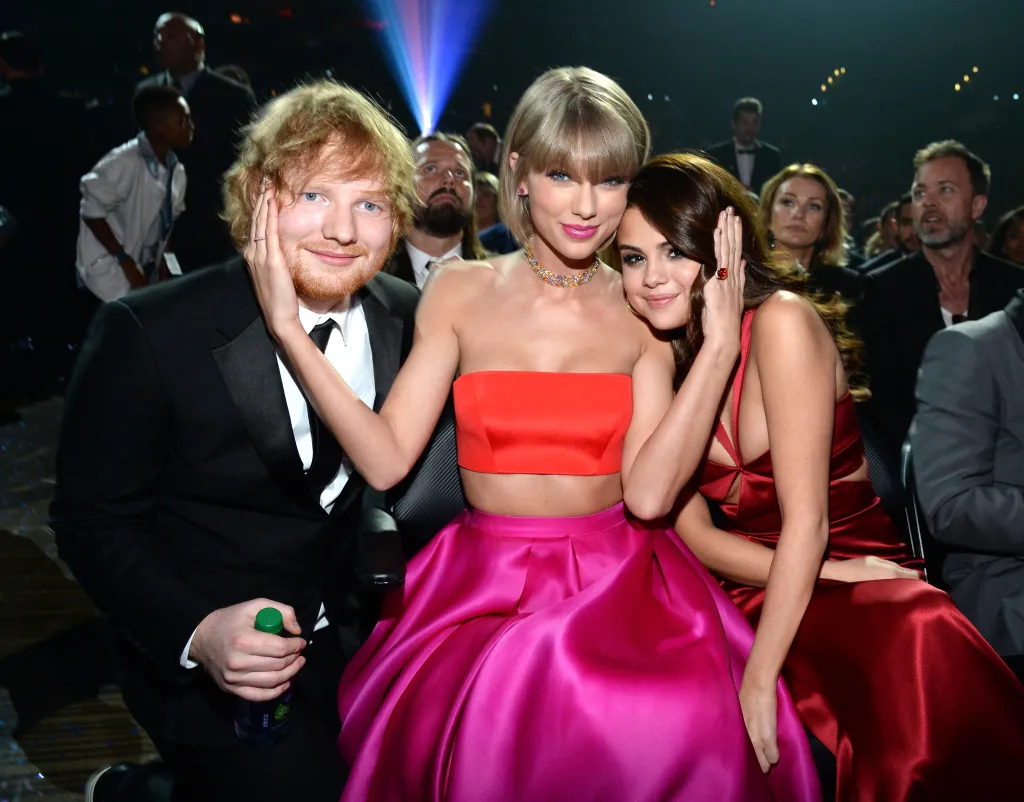Ed Sheeran, Taylor Swift, and Selena Gomez attending the 58th GRAMMY Awards.