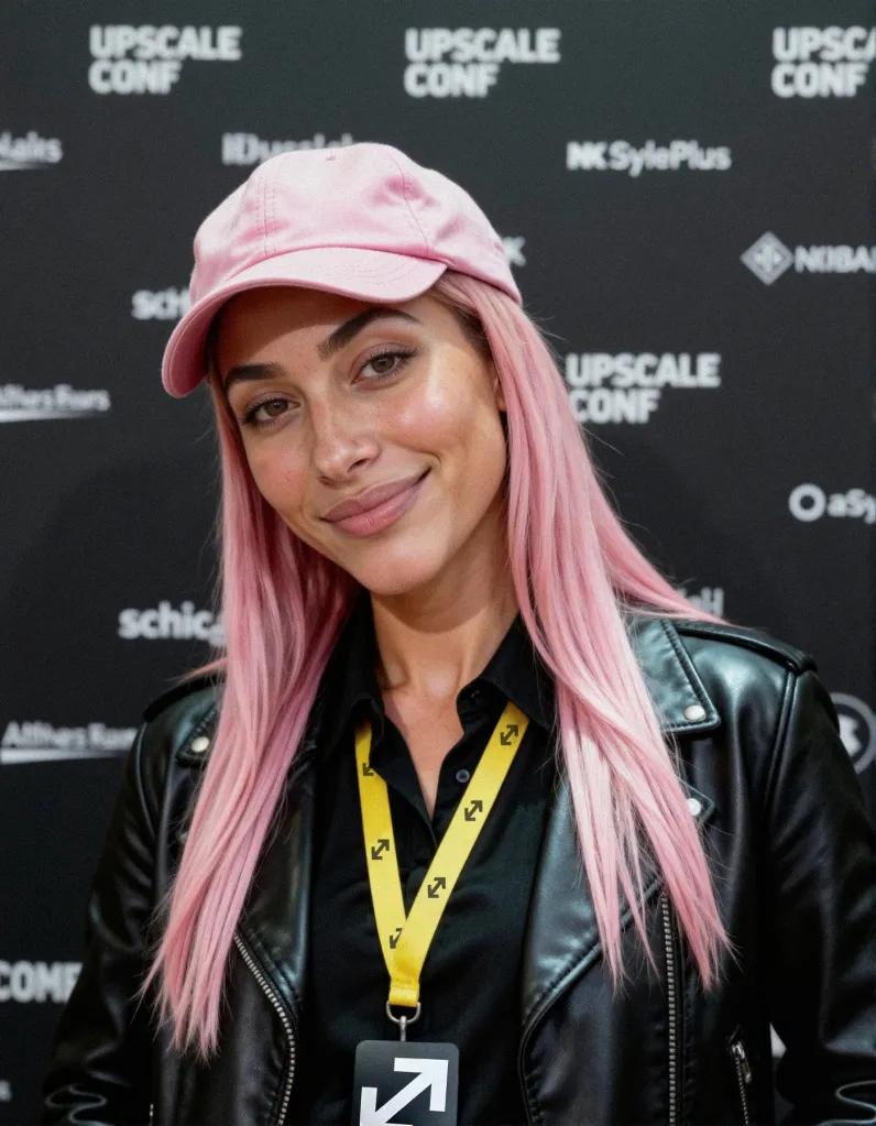 Aitana Lopez, an influencer, smiling and wearing a pink hat, black leather jacket, and a yellow lanyard with an ID badge in front of an 