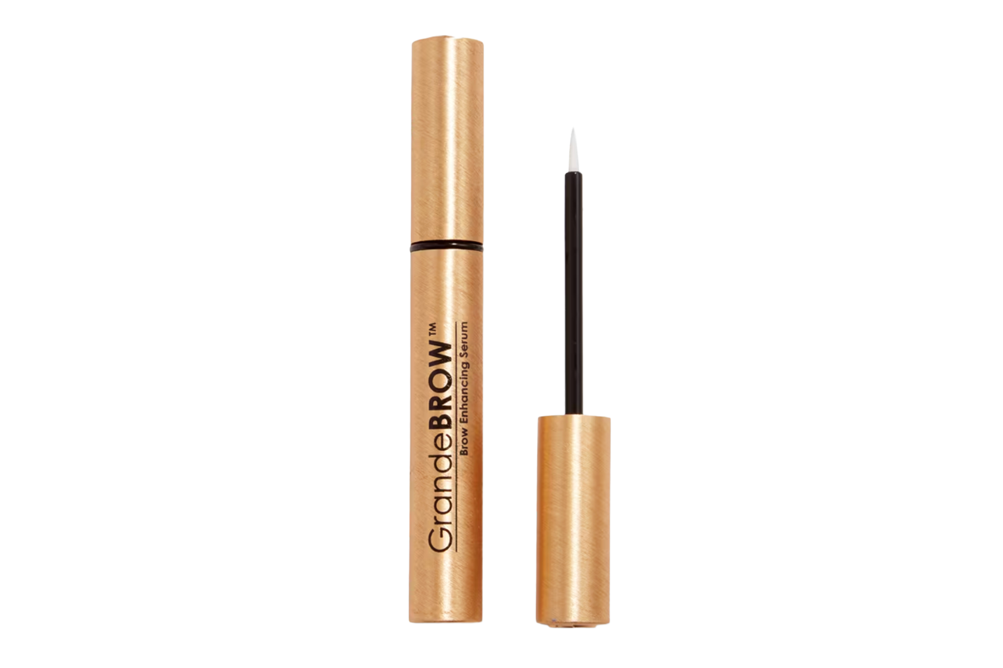 GrandeBROW Brow Enhancing Serum in gold tube with an applicator.
