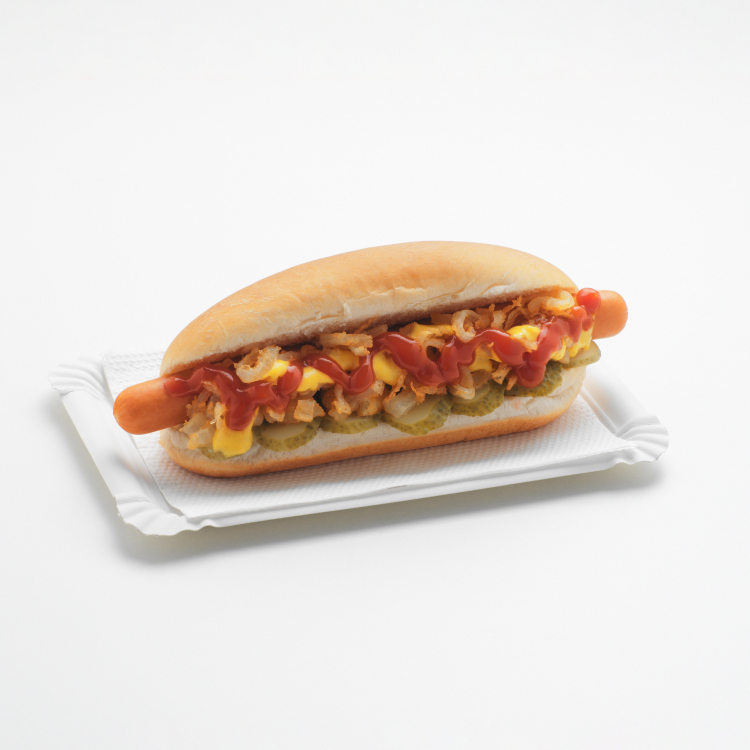 Stock image of a hot dog. 