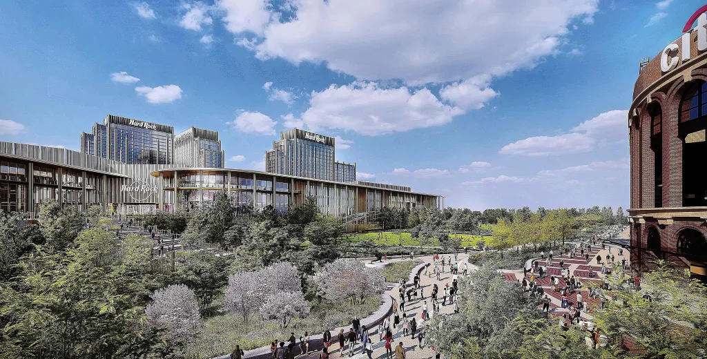 Illustration of the Hard Rock casino proposal in Queens, New York, adjacent to Citi Field.