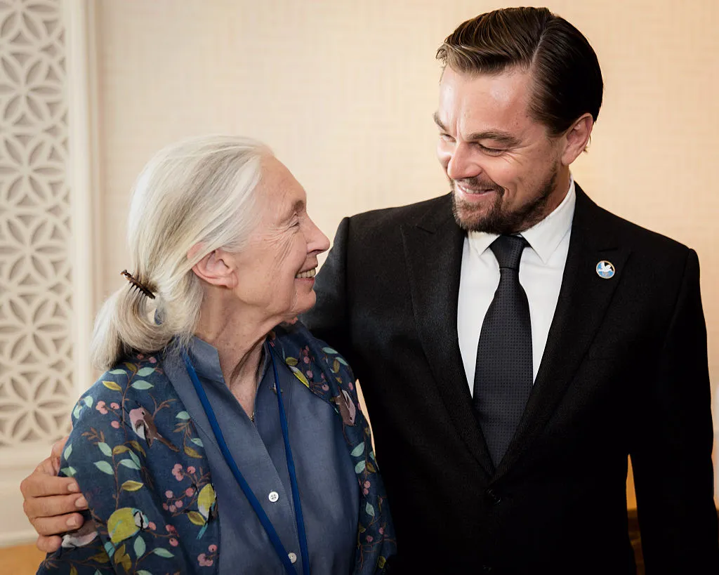 Jane Goodall, UN Messenger of Peace, and Oscar-awarded actor Leonardo DiCaprio at the General Assembly before the United Nations Peace Bell Ceremony held every year on this day in the Japanese Garden on the grounds of United Nations HQ on Sept. 16, 2016.