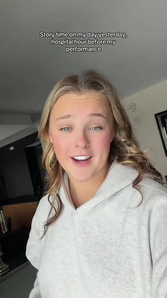 Jojo Siwa discussing her hospital visit before a performance.