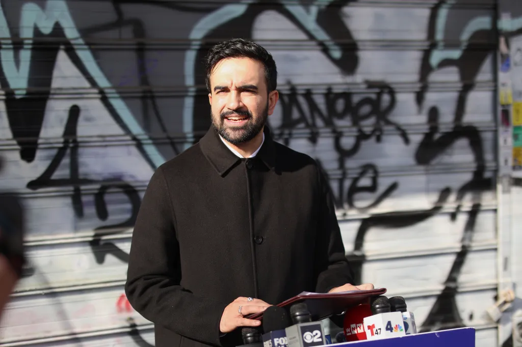  Mayor-elect Zohran Mamdani speaks to press outside of the 2025 National Action Network Thanksgiving Feeding at National Action Network's House Of Justice on November 27, 2025 in New York City. 