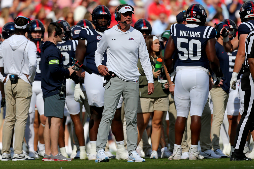 Mississippi Rebels head coach Lane Kiffin looks on during a time out during the first quarter against The Citadel Bulldogs at Vaught-Hemingway Stadium.