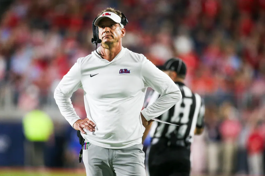 Mississippi Rebels head coach Lane Kiffin stands on the sideline during the first quarter against the Florida Gators at Vaught-Hemingway Stadium.