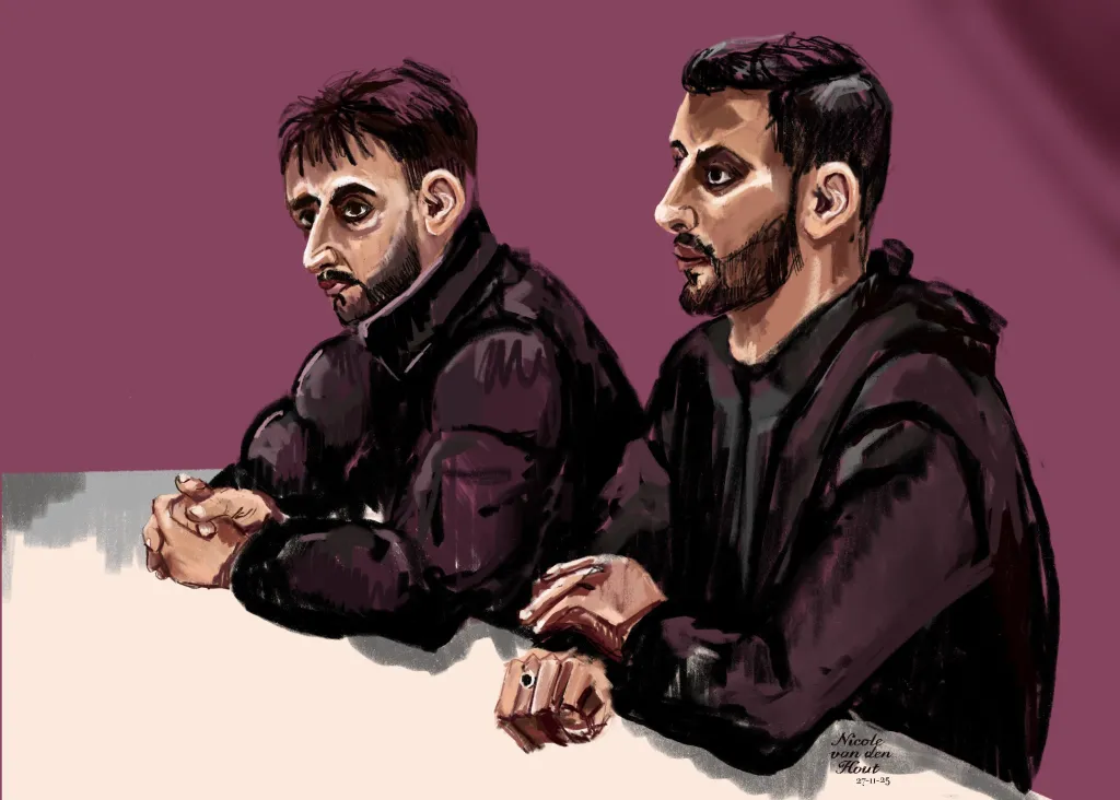Illustration of Mohammed Al N. and Muhanad Al N. sitting in a courtroom.