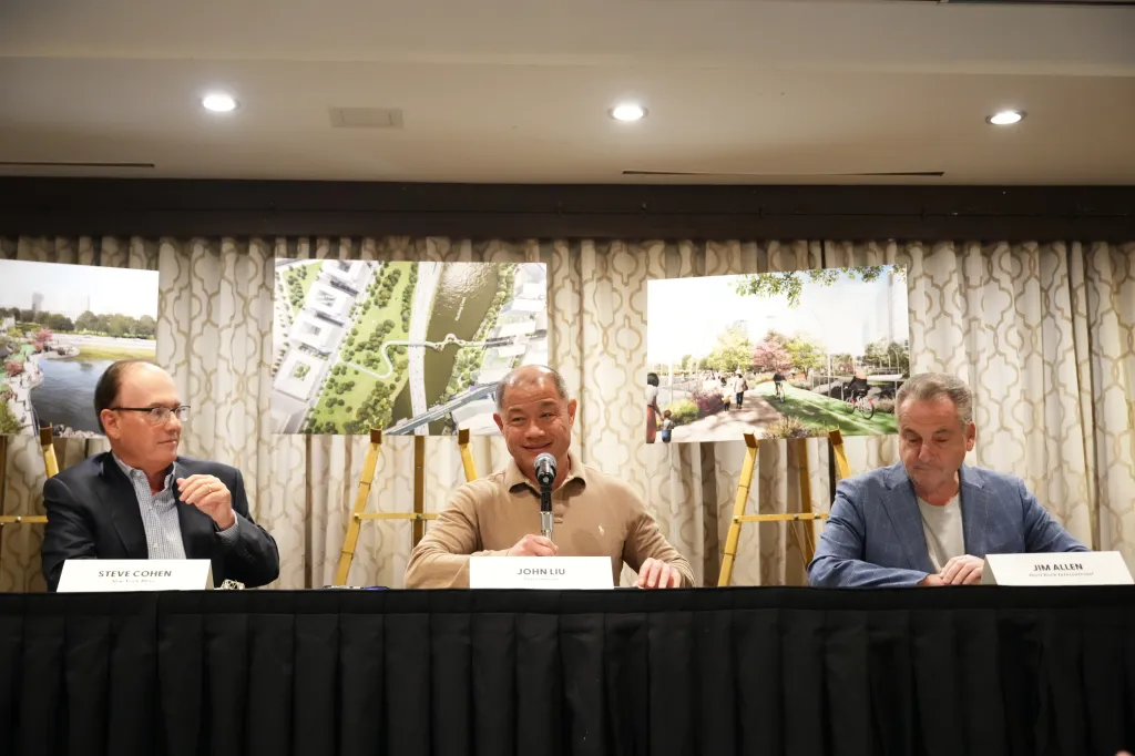 Steve Cohen, John Liu, and Jim Allen at a news conference about plans for a casino complex near Citi Field.