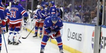Adam Fox left game with apparent arm injury in Rangers scare
