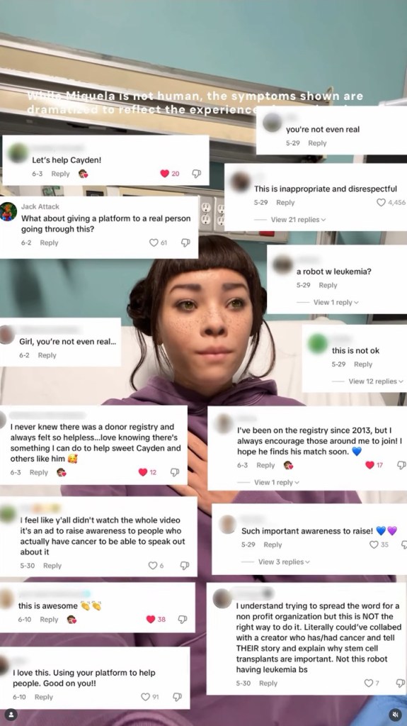 A virtual influencer with freckles on their face and brown hair is surrounded by floating social media comments, some supportive and some critical of the campaign.