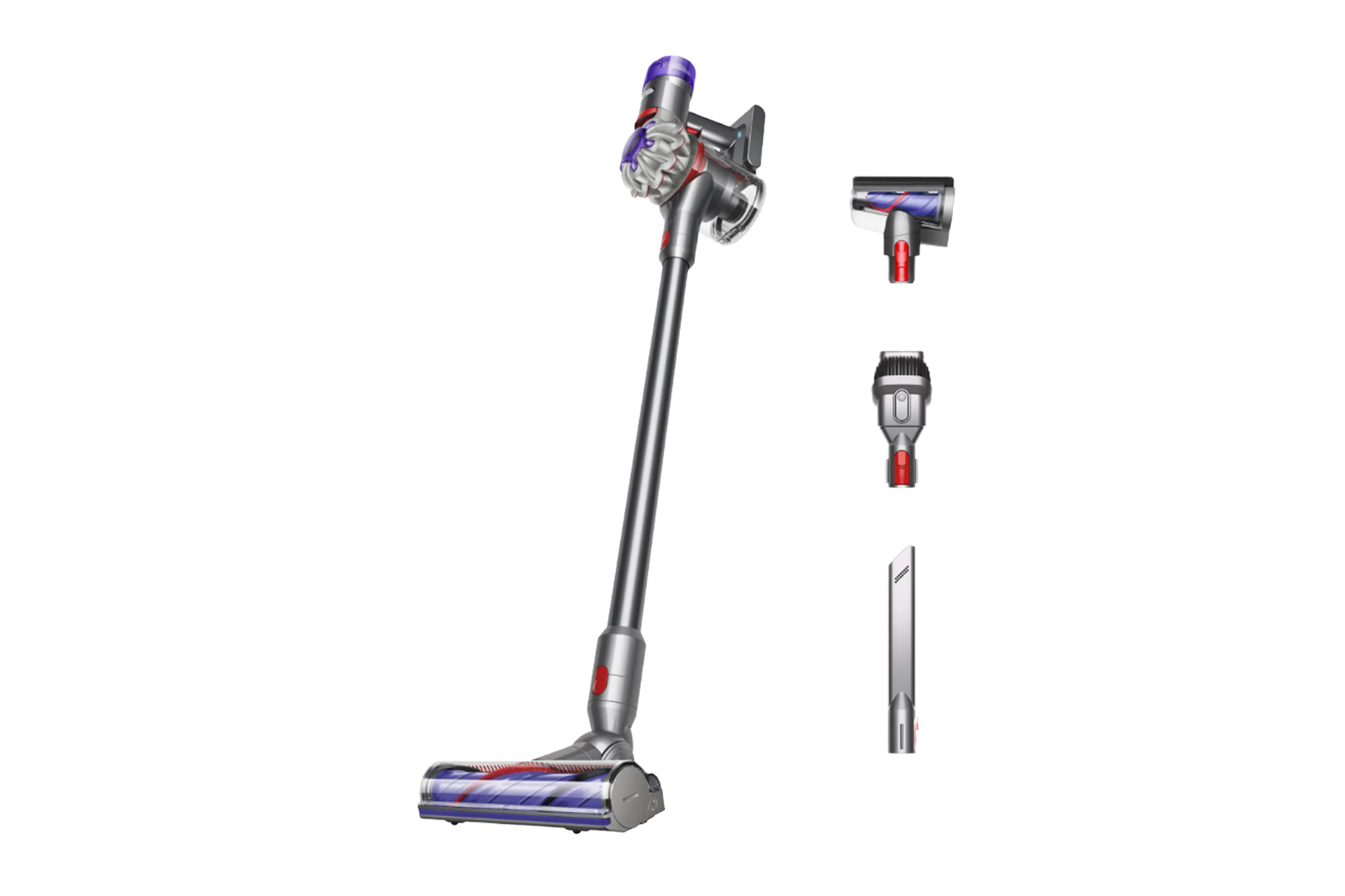 Dyson V7 stick vacuum cleaner with three attachments.