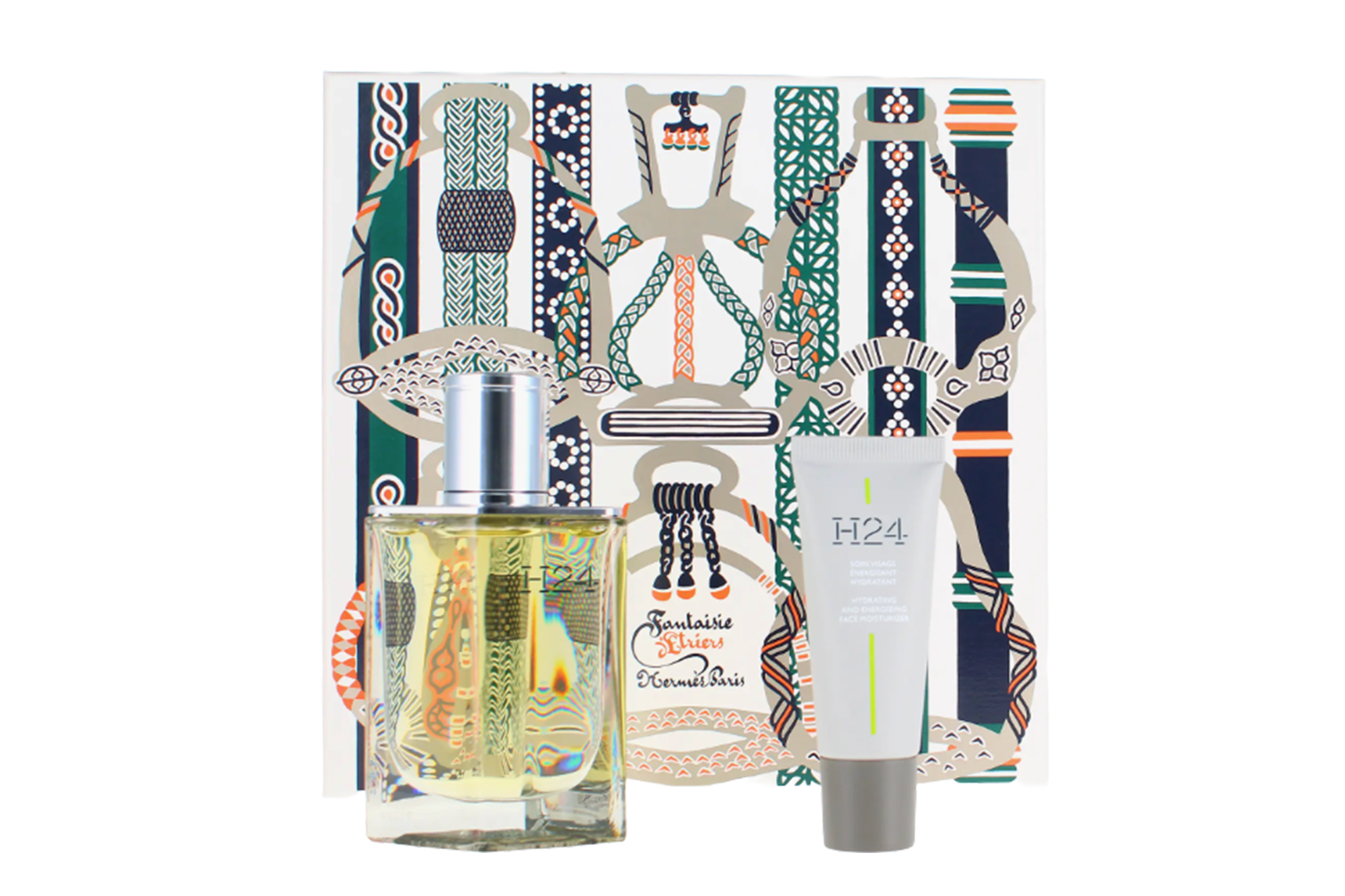 Hermès Paris H24 fragrance and face moisturizer with a decorative background.