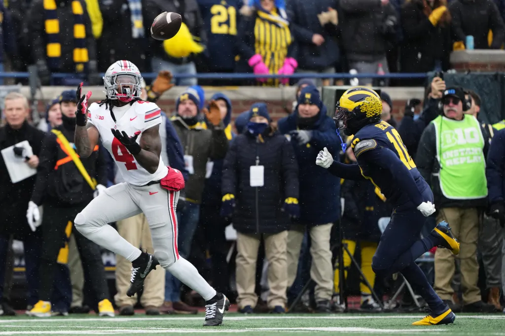 Ohio State's Jeremiah Smith catches a pass during the first half against Michigan on Nov. 29, 2025.