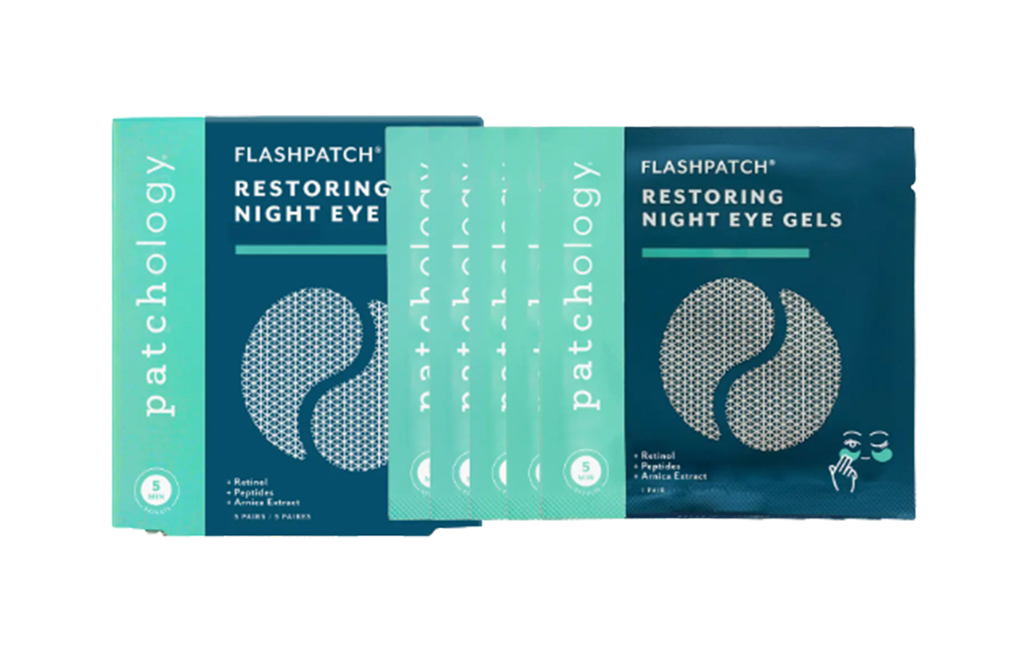 Two boxes and four individual packs of Patchology FlashPatch Restoring Night Eye Gels.