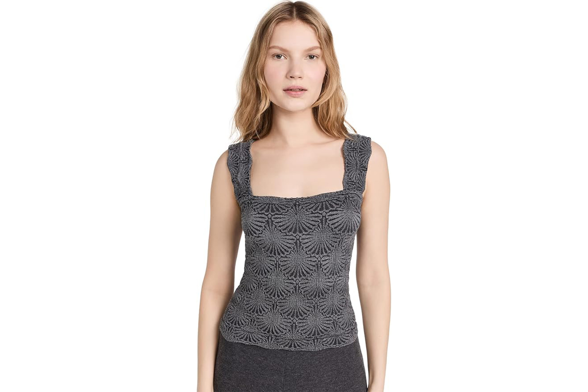 A model in a gray cami