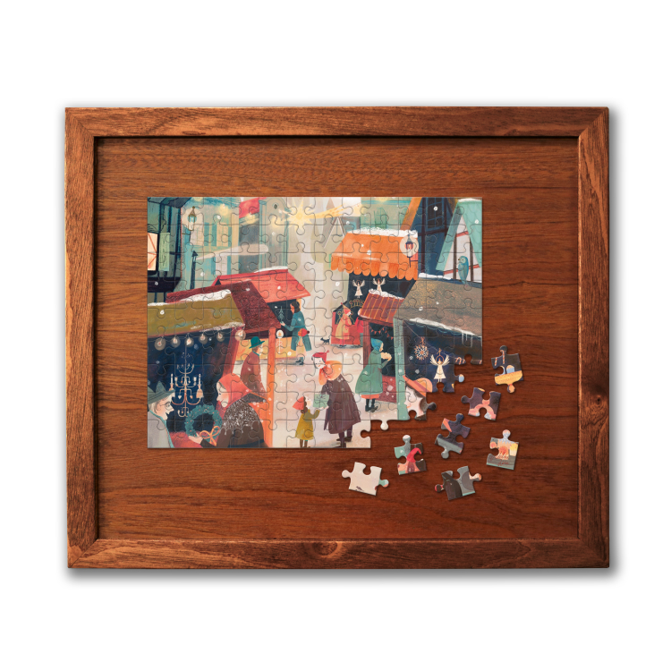 A wooden board with an almost-complete puzzle on it. 