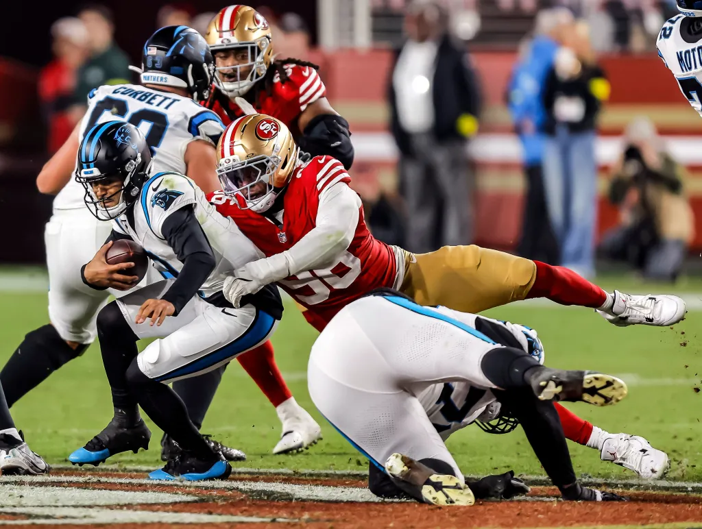 San Francisco 49ers Clelin Ferrell (96) sacks Carolina Panthers Bryce Young (9).