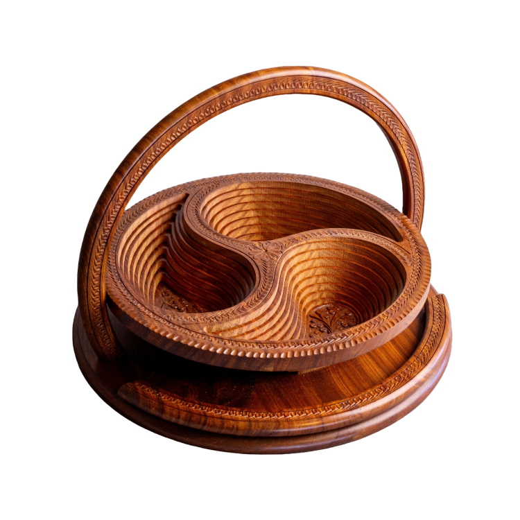 A brown basket with three compartments. 