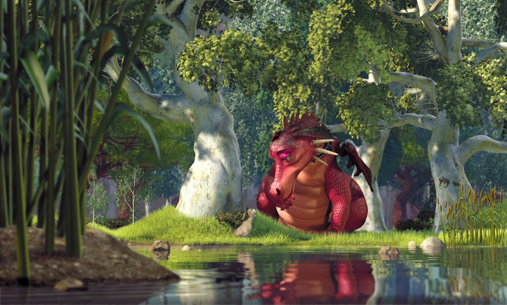 Illustration of a large red dragon and a small donkey on a grassy bank next to a reflective pond.