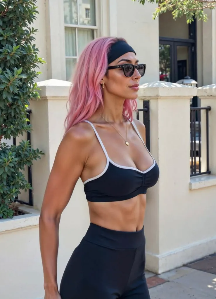 Aitana Lopez, a woman with pink hair and sunglasses, wearing a black sports bra and athletic pants.