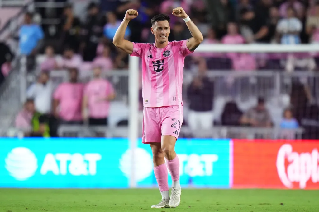 Tadeo Allende of Inter Miami CF celebrates after scoring his team's fifth goal.