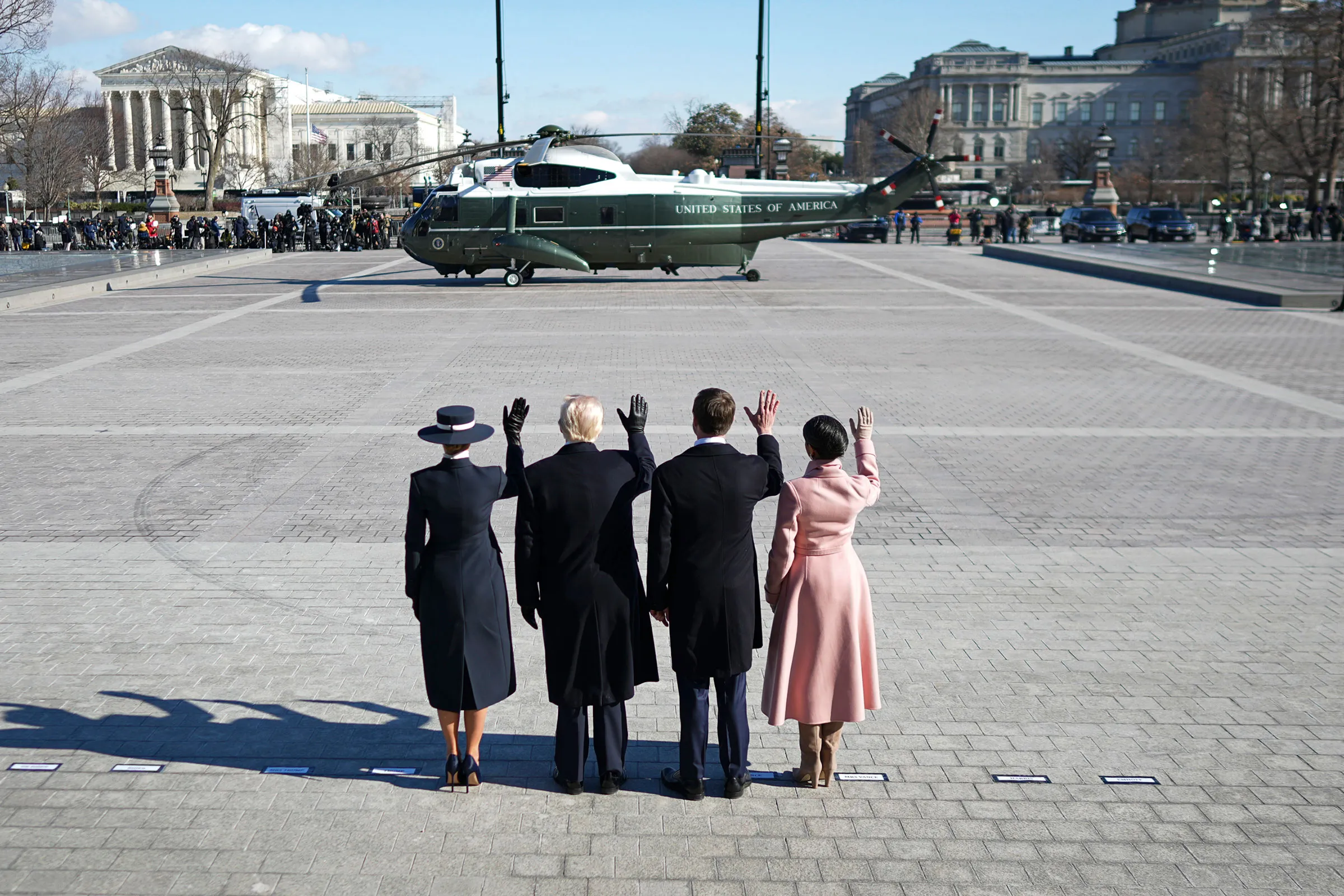 From left: First lady Melania Trump, President Donald Trump, Vice President JD Vance and second lady Usha Vance wave as former President Joe Biden and former first lady Jill Biden depart the Capitol after Trump's inauguration ceremony as the 47th presiden