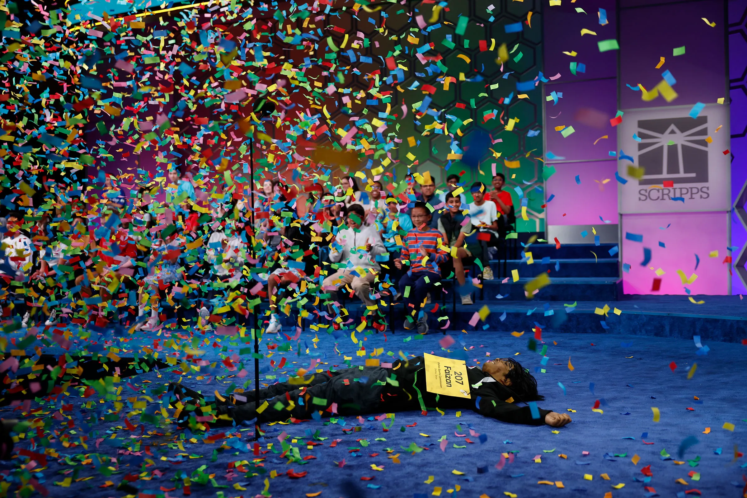 Faizan Zaki, 13, of Dallas, reacts after winning the Scripps National Spelling Bee in National Harbor, Md., on Thursday, May 29, 2025. (Ting Shen/The New York Times)
