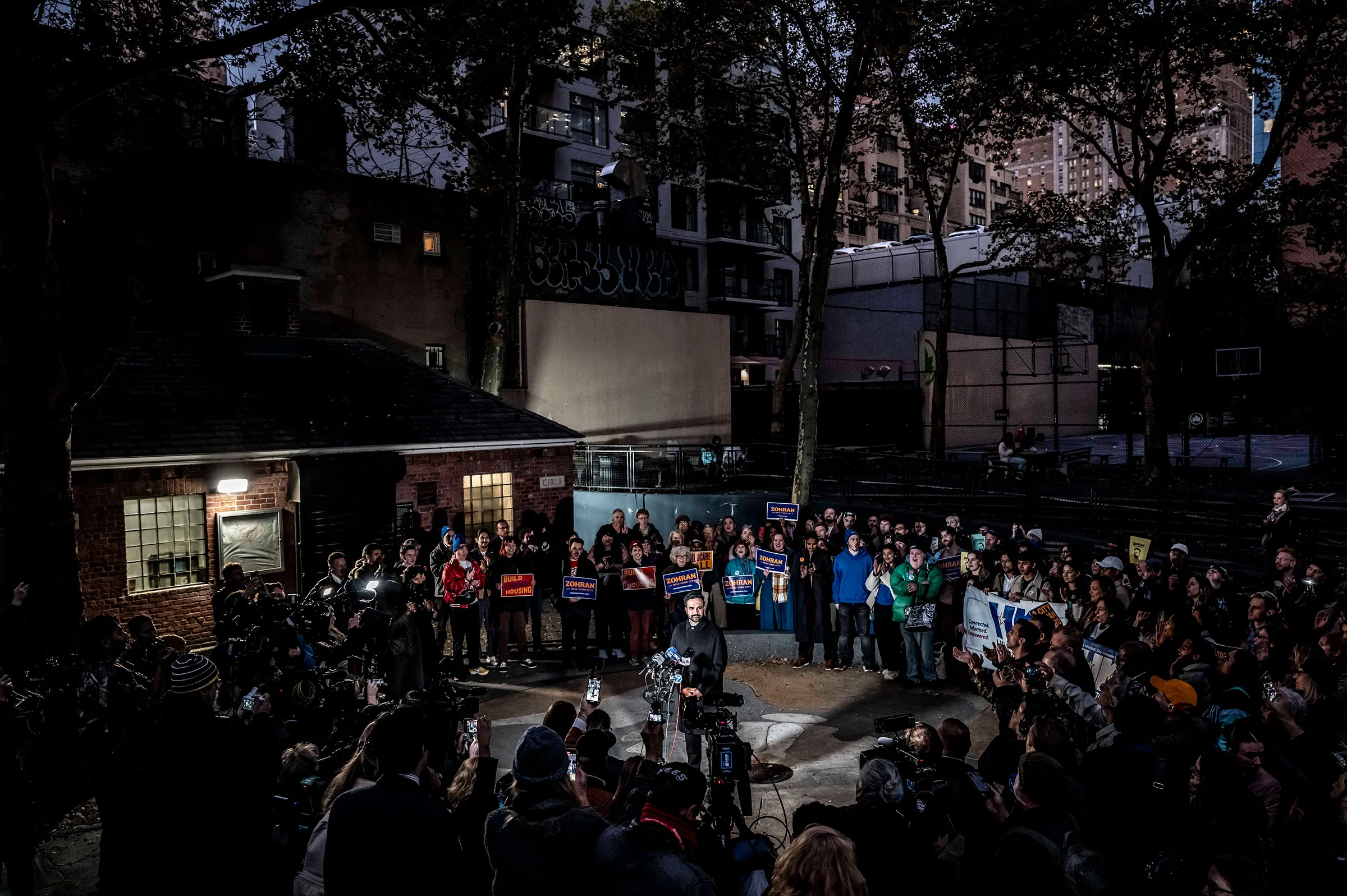 Zohran Mamdani talks to the press and meets with supporters at a park in Midtown West, Manhattan, on October 28, 2025.
