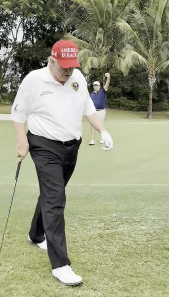 Trump walked away smiling after the nifty chip, presumably feeling good on his way to the next hole.