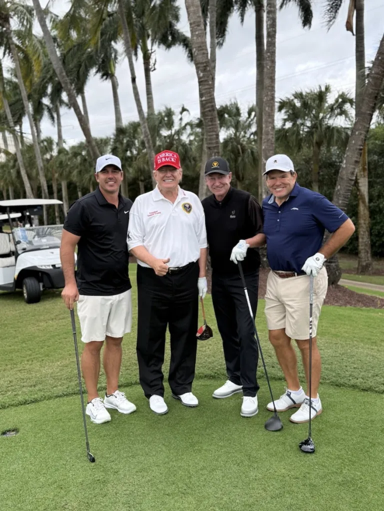 The 47th president was spotted on the golf course with LIV Golf star Brooks Koepka, NHL legend Wayne Gretzky and Fox News' Bret Baier in a video posted to Truth Social, where he had a short chip off a green he was lining up.